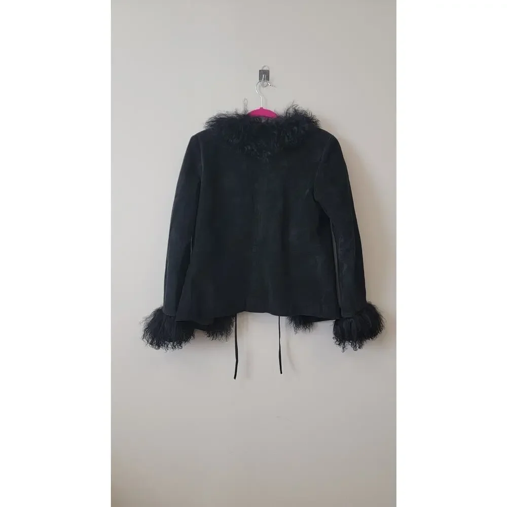 Black Genuine Suede & Fur Trim 70s Glam Whimsygoth Festival Coat - Picture 2 of 16